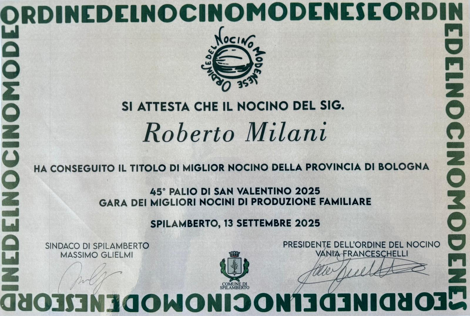 Attestato Ordine del Nocino Modenese — 45° Palio di San Valentino 2025, Spilamberto